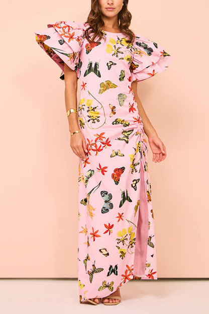 Rosiedress Flounce Sleeves Drawstring Slit Printed Maxi Dress