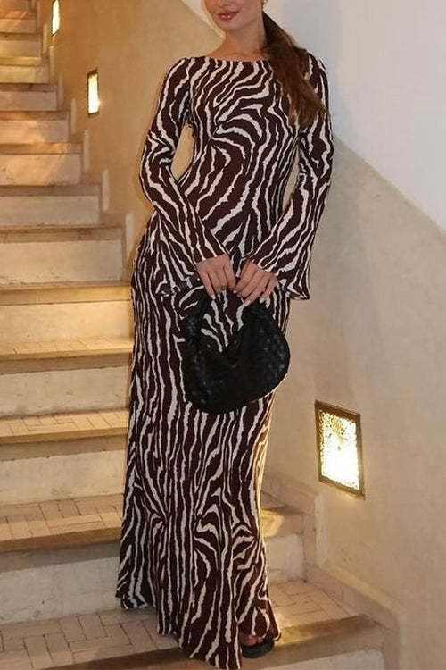 Rosiedress Boat Neck Bell Sleeves Animal Print Maxi Dress