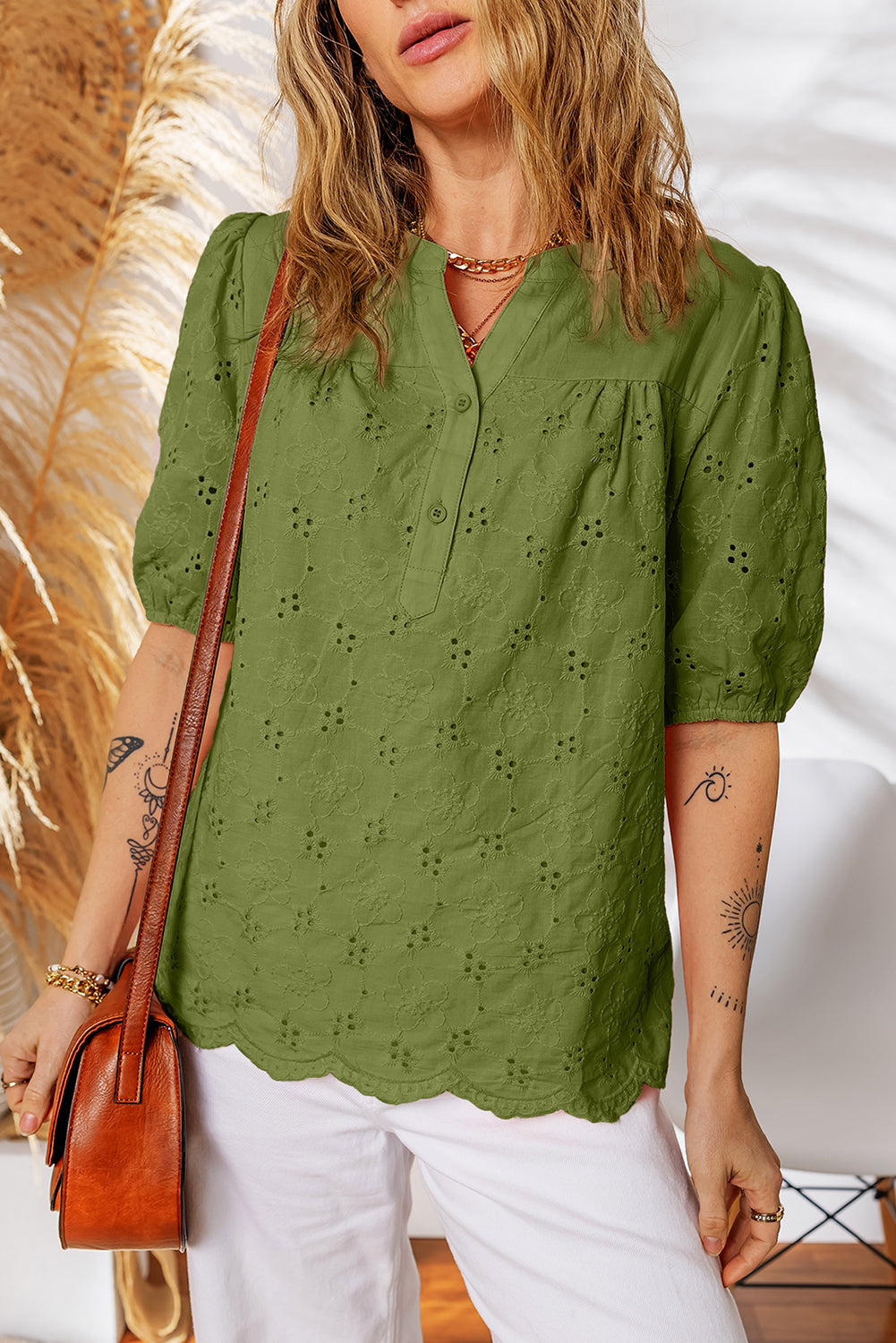 Sky Blue Lace Crochet V Neck Half Sleeve Embroidery Button Down Blouses Casual Shirts
