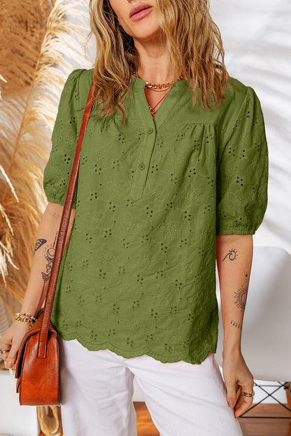 Sky Blue Lace Crochet V Neck Half Sleeve Embroidery Button Down Blouses Casual Shirts