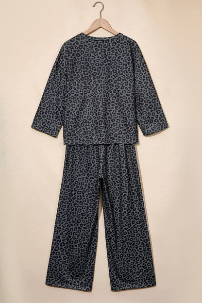 Leopard Print Varsity Striped Detail 3/4 Sleeve Top Shift Pant Set