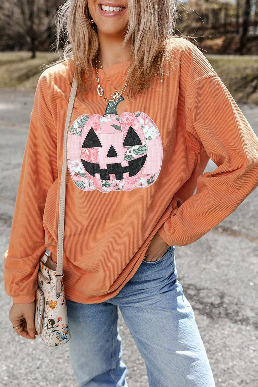 Patchwork Pumpkin Graphic Corded Ribbed Round Neck Tunic Sweatshirt