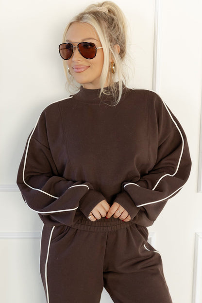 Coffee Sporty Piping Trim Mock Neck Pullover Relaxed 2pcs Pant Set