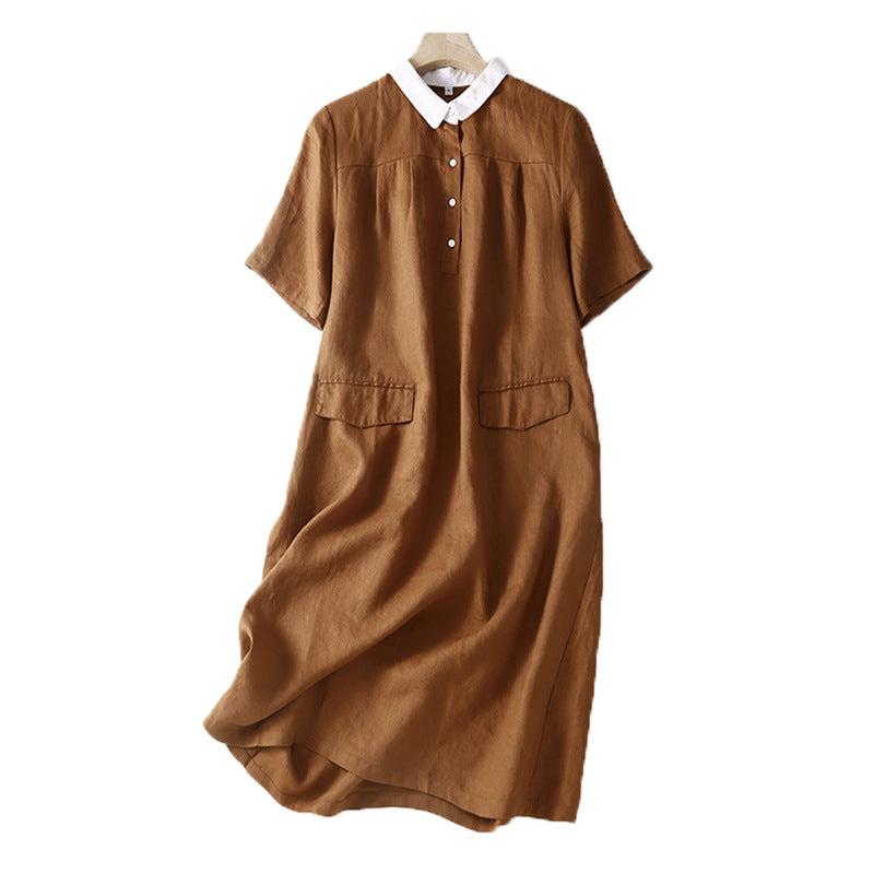 Retro Contrast Color Cotton Linen Dress