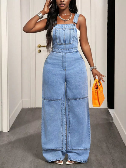 Wide Strap Wide Leg Denim Overalls
