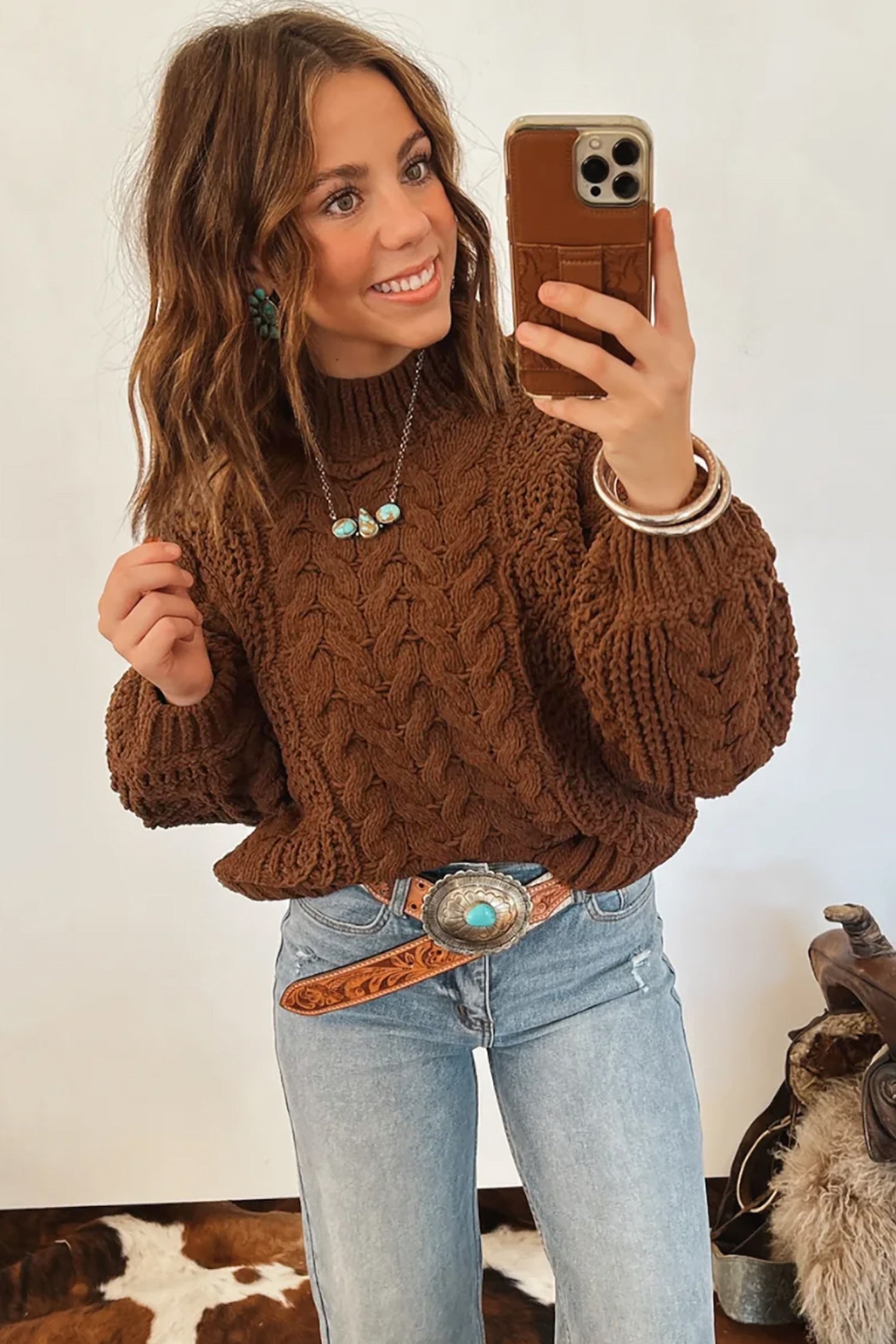 Coffee Solid Color Cable Knit High Neck Loose Pullover Sweater