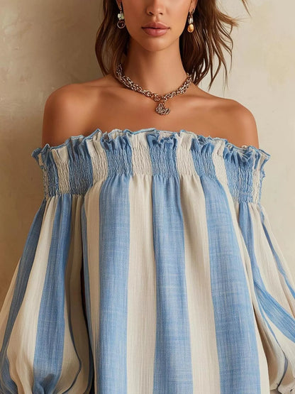 Off-Shoulder Striped Ruffle Hem Mini Dress