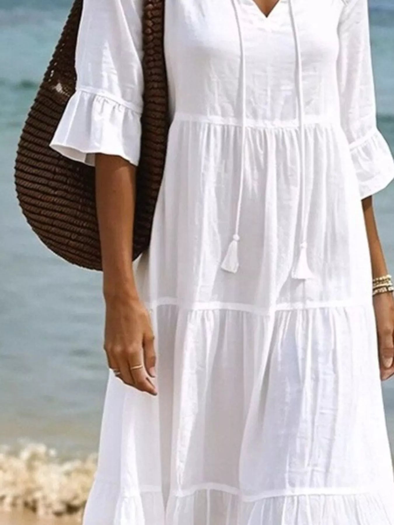Full Size Tiered Tie Neck Flounce Sleeve Dress Plus Size