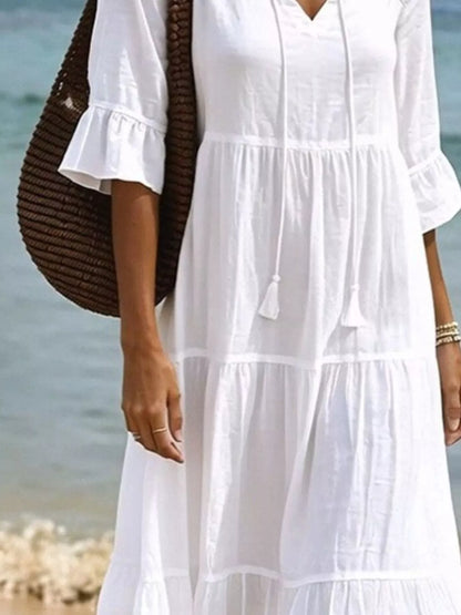 Full Size Tiered Tie Neck Flounce Sleeve Dress Plus Size