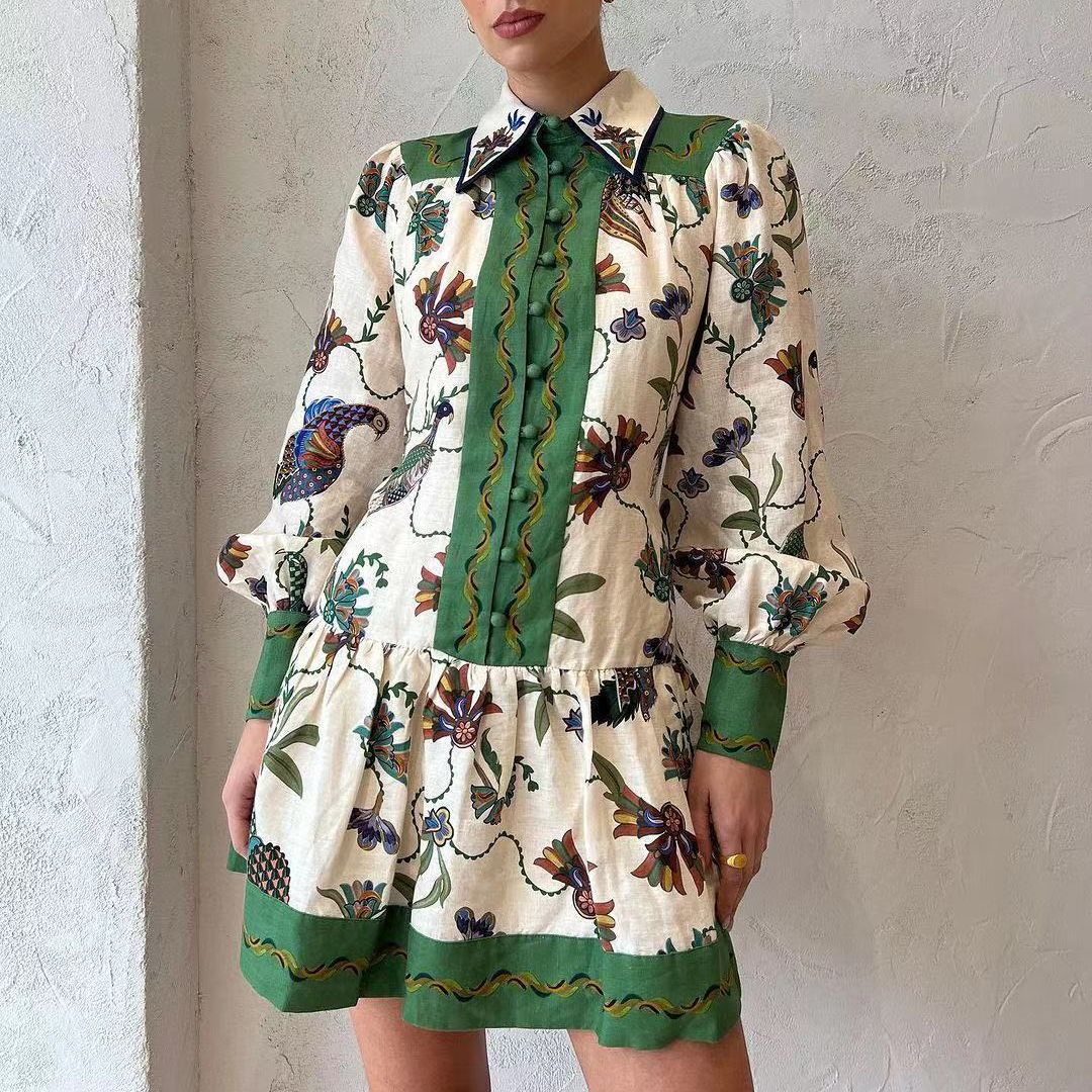 Lantern-sleeve graffiti-print tie-waist dress