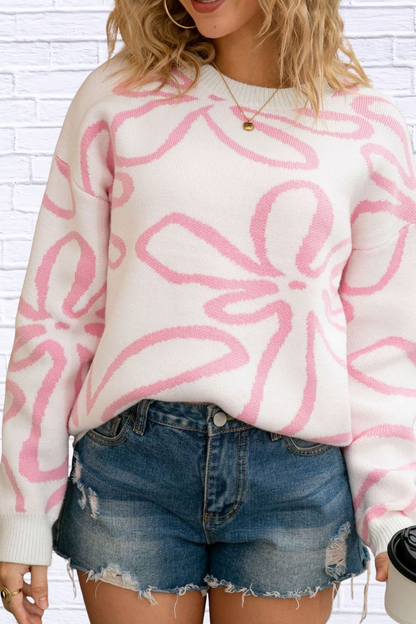 Flower Crew Neck Long Sleeve Sweater