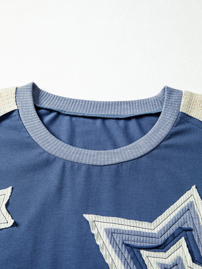 Contrast Knitted Colorblock Star Patchwork Oversize Long Sleeve Top