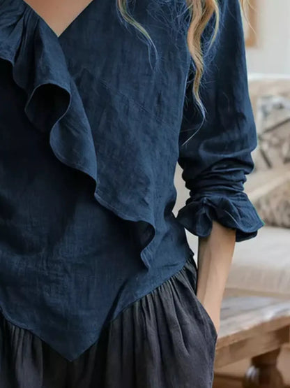 V-Neck Ruffled Long Sleeve Blouse