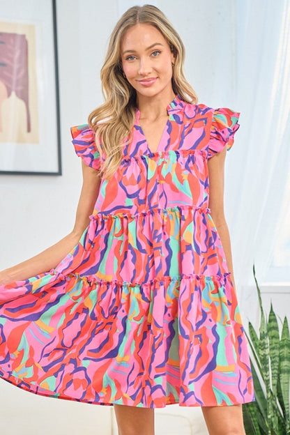 Blue Zone Planet | First Love Full Size Printed Ruffle Cap Sleeve Tiered Dress