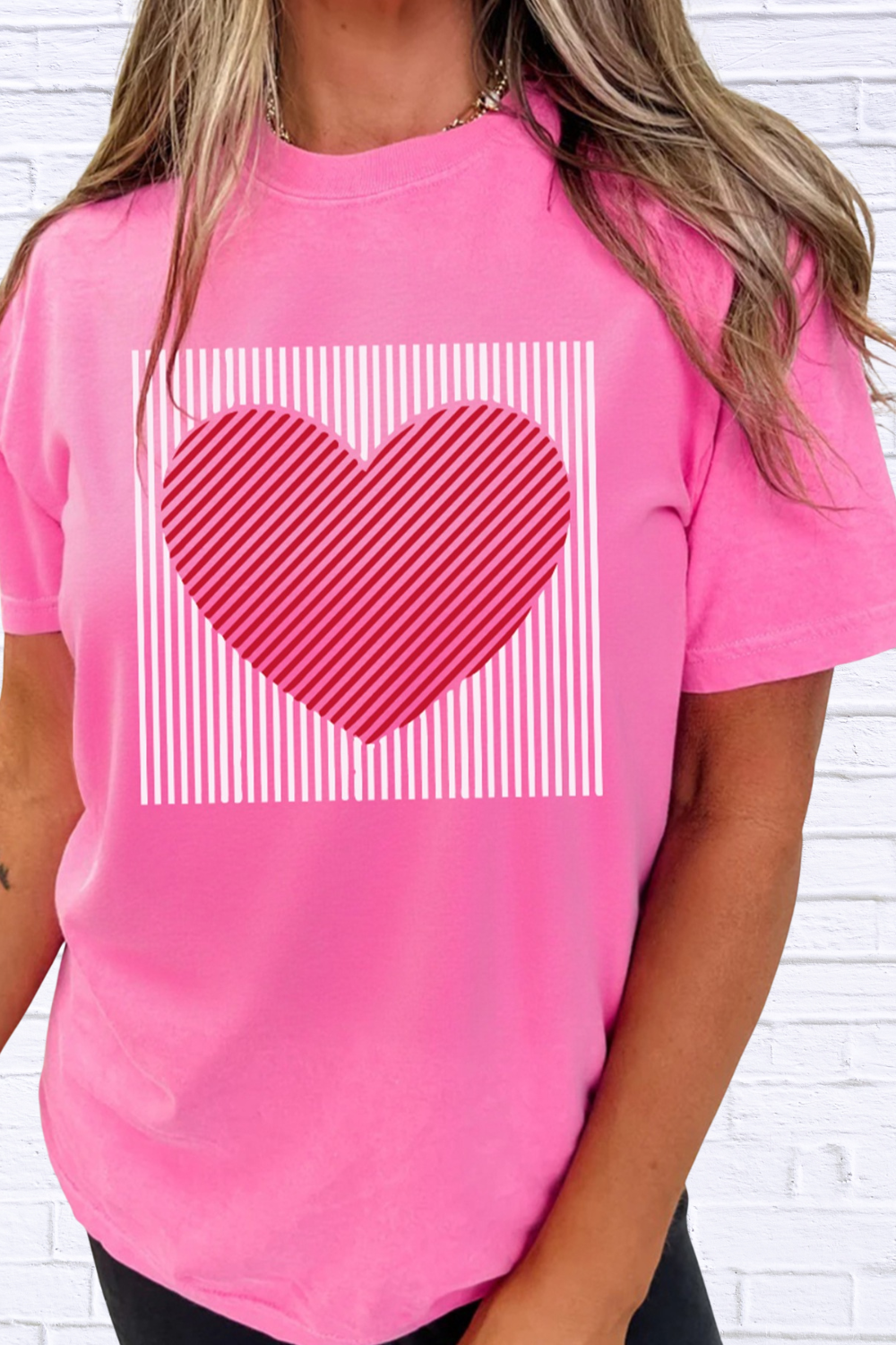 Contrast Striped Heart Printed Valentines Day T Shirt
