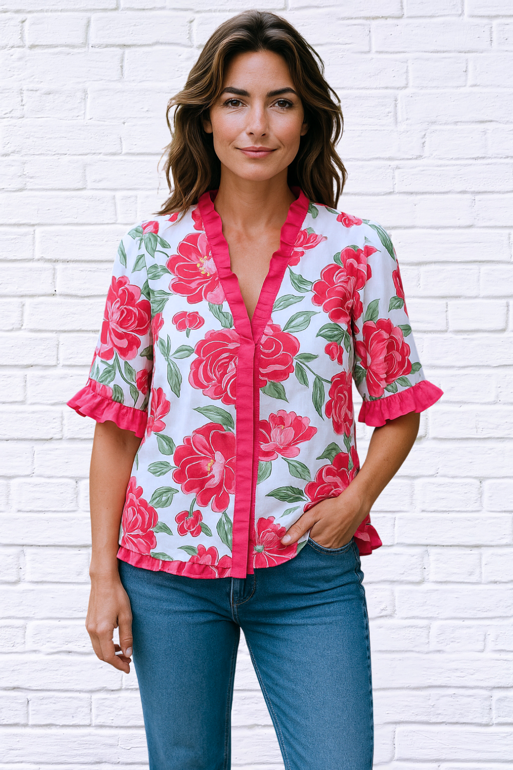 Floral Frilled V-Neck Short Sleeve Blouse