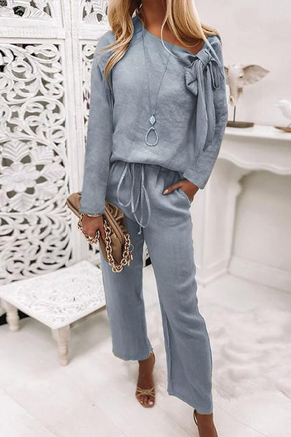 Rosiedress Side Bow Knot Neck Pullover Tie Waist Pants Lounge Set Blue