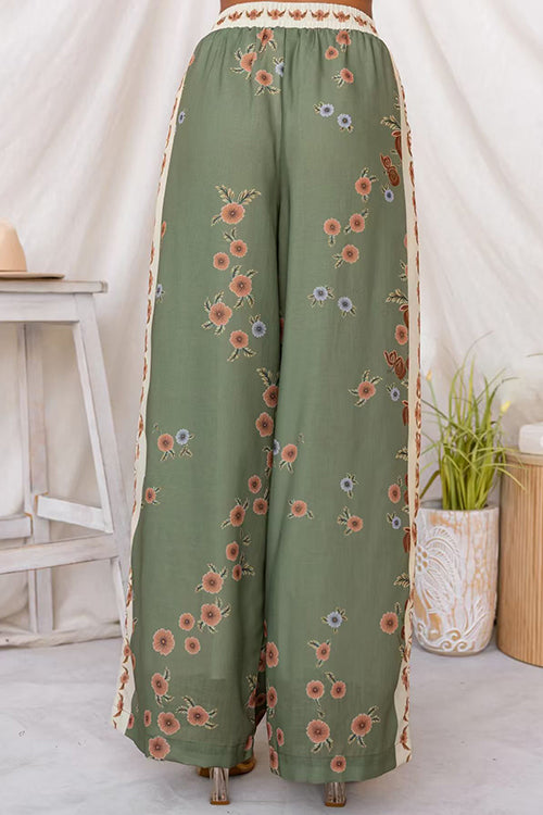 Drawstring Elastic Waist Floral Print Wide Leg Pants