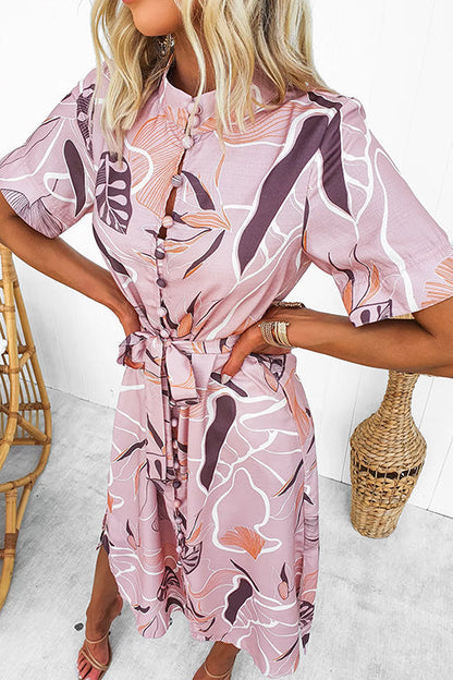 Short Sleeves Tie Waist Side Slit Printed Midi Shirt Dress