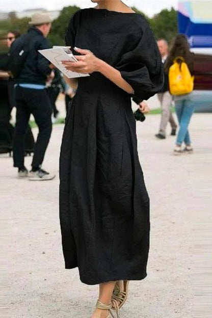 Lantern Sleeve Ruched Midi Cotton Linen Dress Black