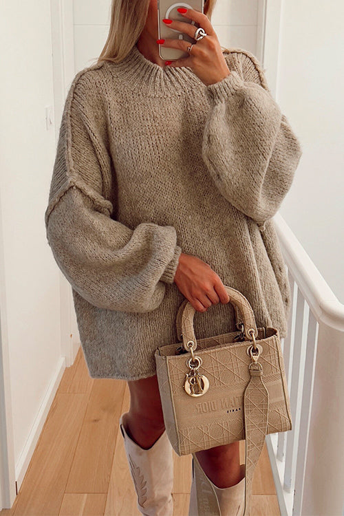 Rosiedress Drop Shoulder Plain Casual Pullover Sweater Khaki