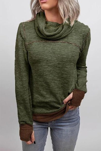 Rosiedress Casual Cowl Neck Color Block Sweatshirt with Thumb Hole