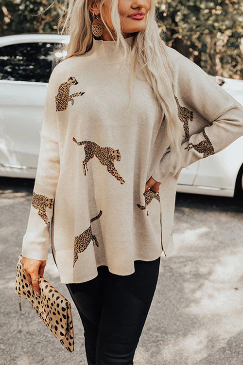 Rosiedress High Neck Side Slit Cheetah Pattern Sweater