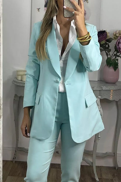 Business Work Collared Single Button Blazer Pocketed Pants Suit Set