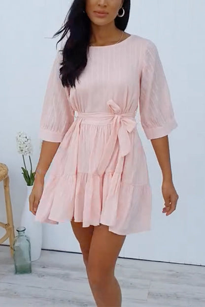 Half Sleeves Tie Waist Ruffle Mini Dress Pink