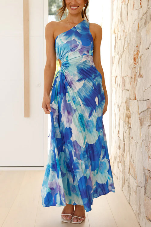 Rosiedress One Shoulder Sleeveless Cut Out Printed Swing Maxi Dress