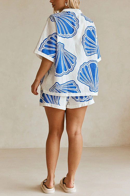 V Neck Short Sleeves Shirt and Drawstring Waist Shorts Seashell Print Set