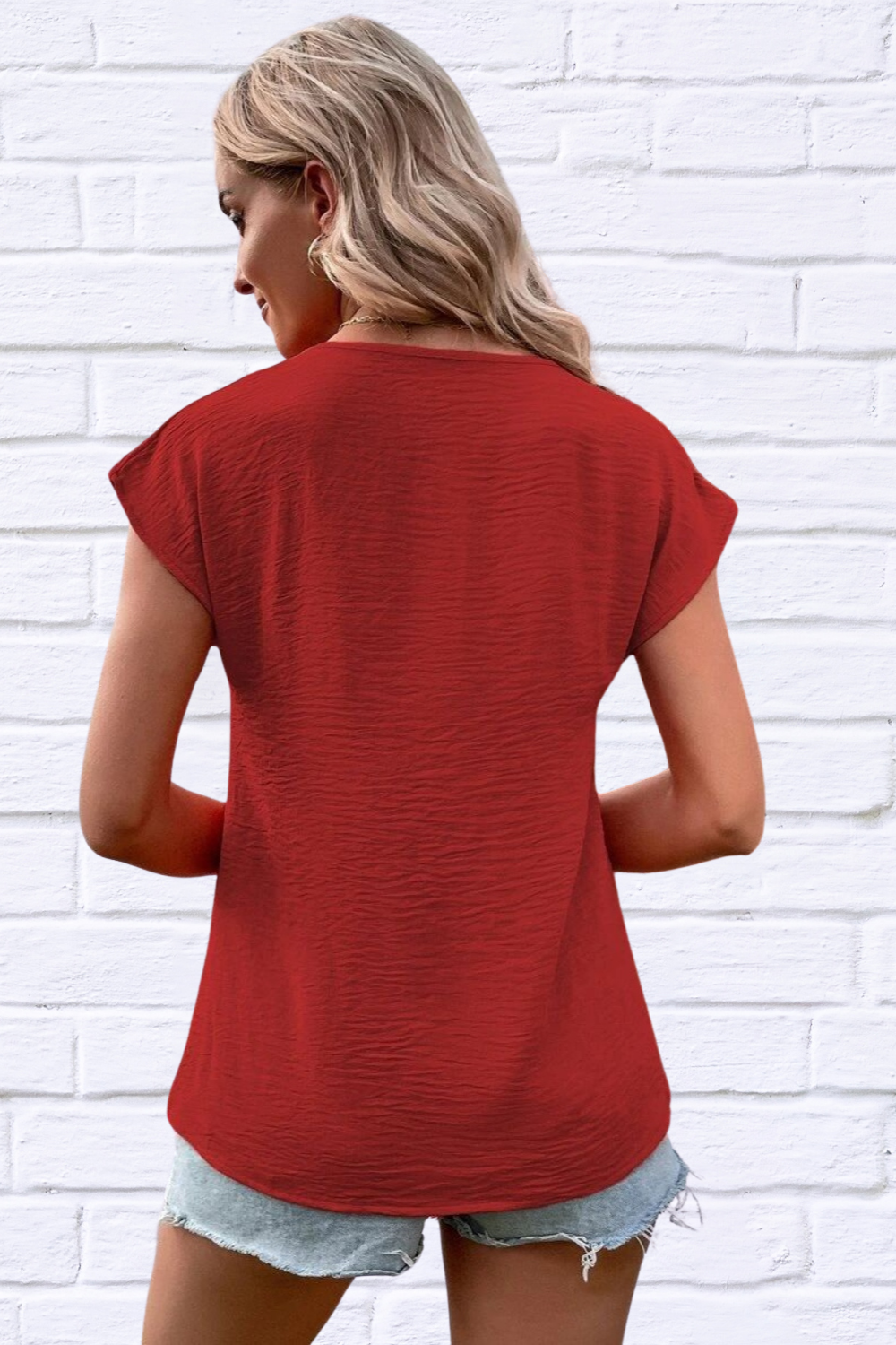 Decorative AirFlow  Button V-Neck Short Sleeve Blouse