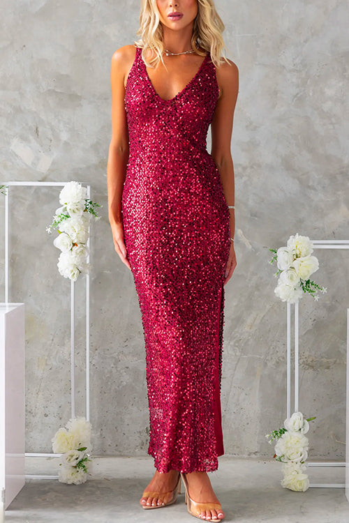 Party Glam Sleeveless Open Back Slit Sequin Maxi Dress Burgundy