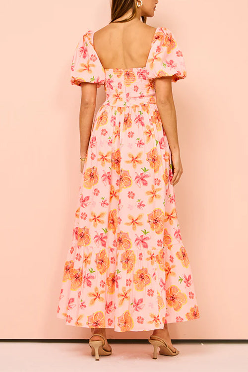 Rosiedress Square Neck Puff Sleeves Floral Print Ruffle Maxi Dress