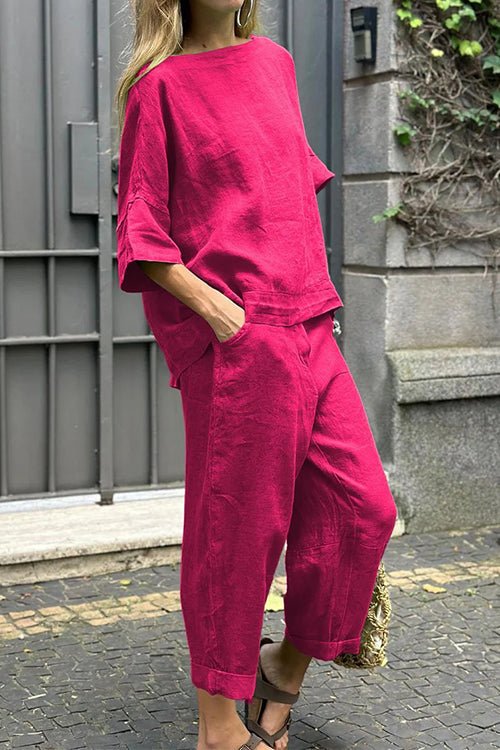 Cotton Linen Half Sleeves Pullover Top Wide Leg Tapered Pants Set HotPink