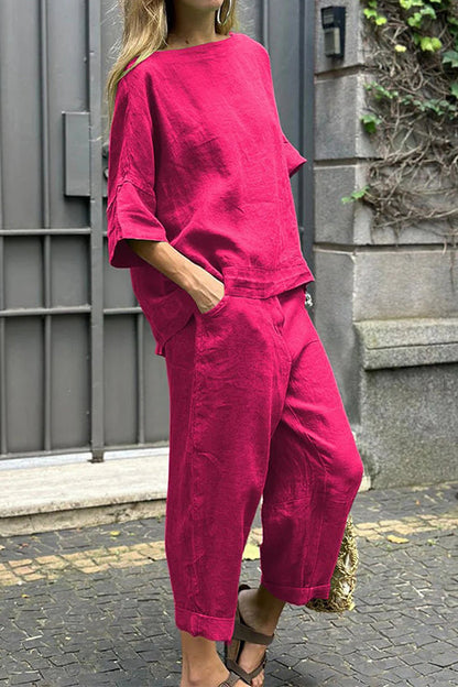 Cotton Linen Half Sleeves Pullover Top Wide Leg Tapered Pants Set HotPink