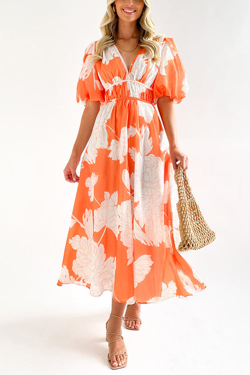 V Neck Puff Sleeves Waisted Floral Midi Dress Orange