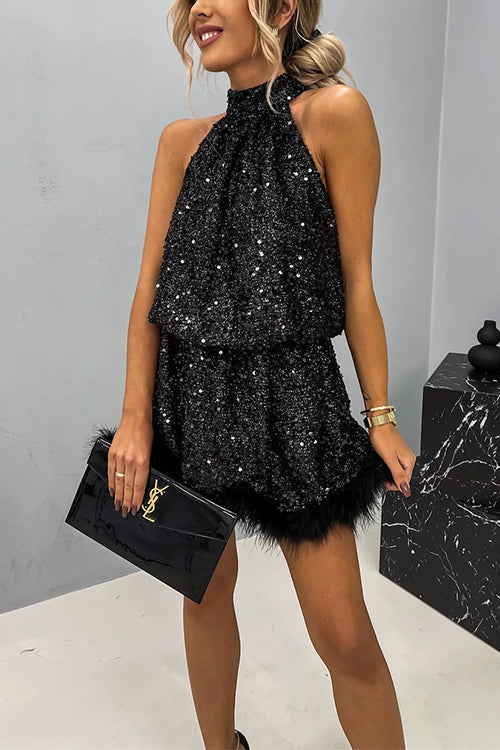Halter Sleeveless Feather Hem Sequin Dress