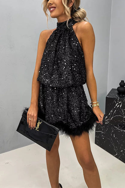 Halter Sleeveless Feather Hem Sequin Dress
