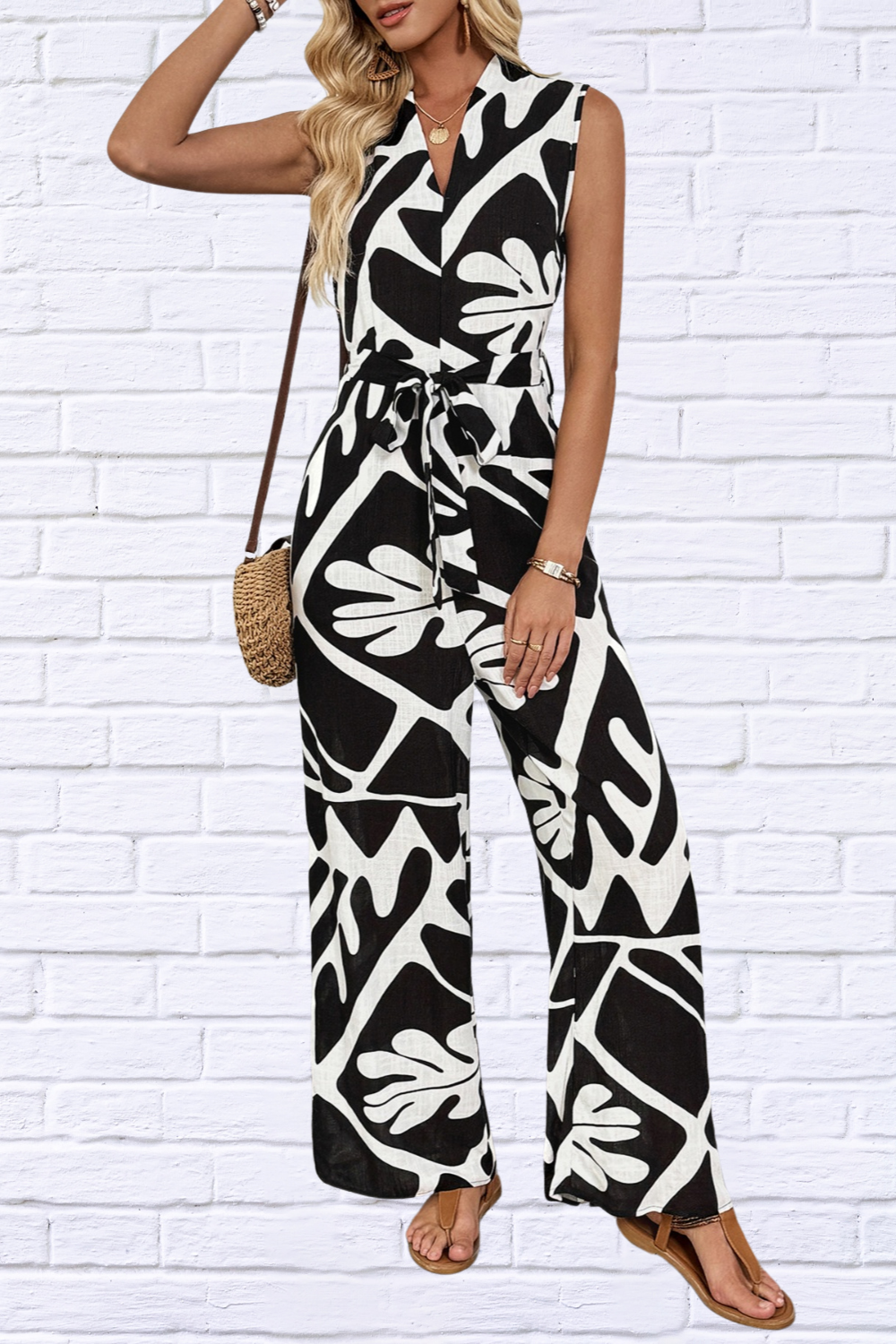 Bold in Black & White: Sleeveless Printed Wide Leg Jumpsuit