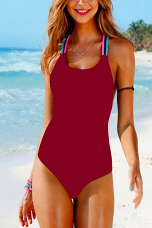 Color Straps Back Cut Out One-piece Swimwear Burgundy