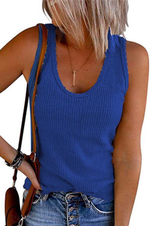 Rosiedress Scoop Neck Ribbed Solid Sleeveless Top Blue