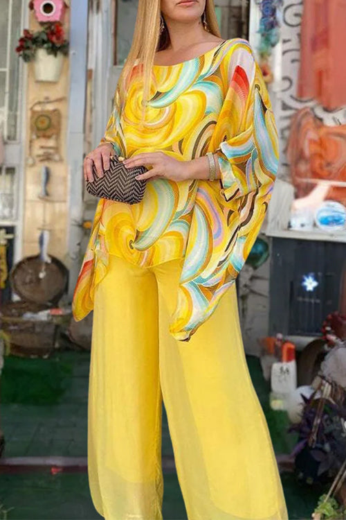 Rosiedress Printed Batwing Sleeves Irregular Top and Wide Leg Pants Chiffon Set Yellow