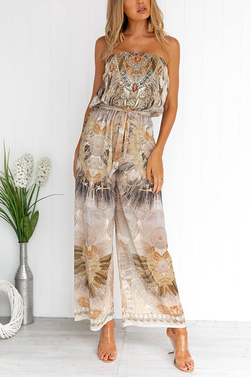 Strapless Beaded Tie Waist Wide Leg Printed Jumpsuit Print