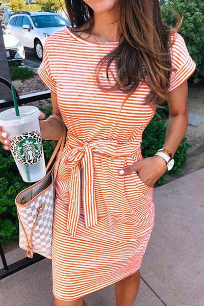Bow Knot Waist Striped Dress Orange