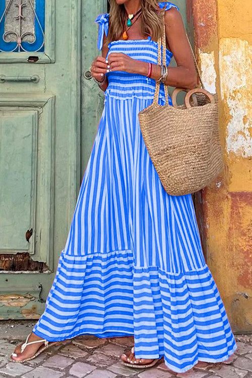 Rosiedress Striped Bow Knot Shoulder Smocked Ruffle Maxi Holiday Dress Blue