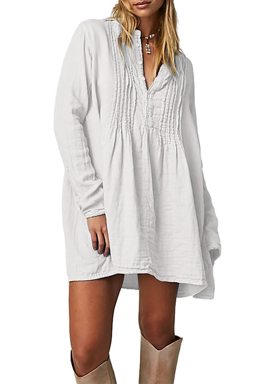 Long Sleeves Button Up Mini Shirt Dress White