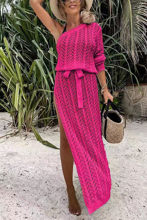 One Shoulder Long Sleeve High Split Hollow Out Beach Dress HotPink
