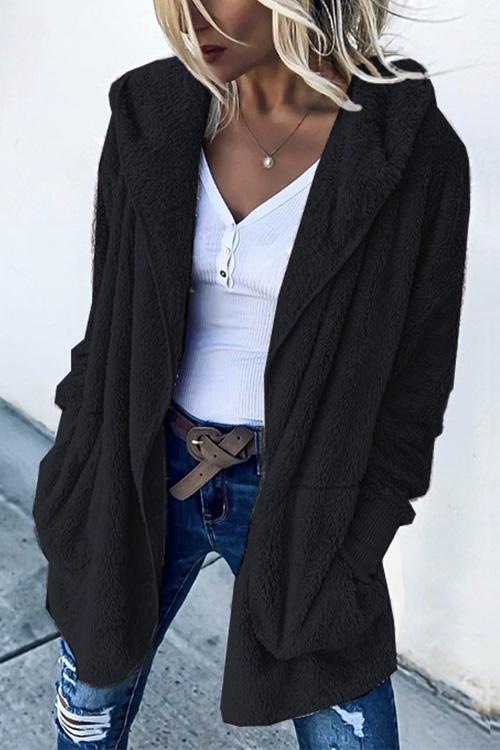 Open Front Hoodied Fuzzy Jacket Coat