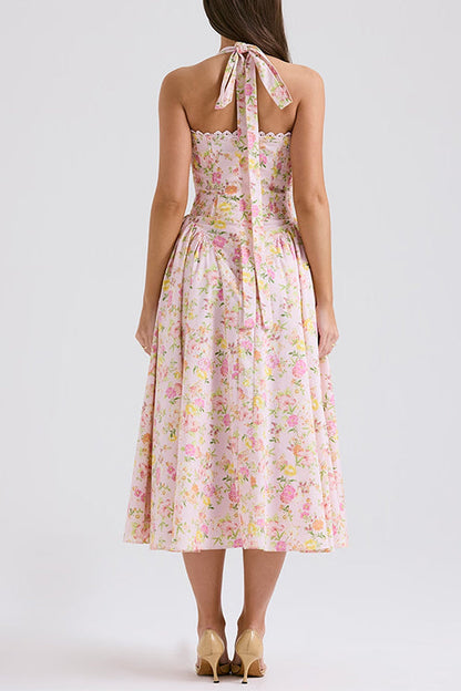 Rosiedress Halter Tie Front Waisted Floral Print Midi Dress